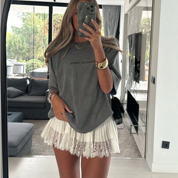 White Casual Women's Eyelash Lace Trim Short Mini Skirt High Waist Pleated Ruffl - Picture 6 of 8